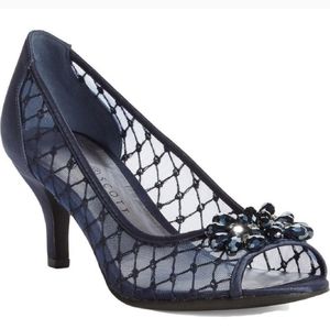 Karen Scott Women's Maralyn Navy Open Toe Rhinestone Heels Shoes Previously Worn